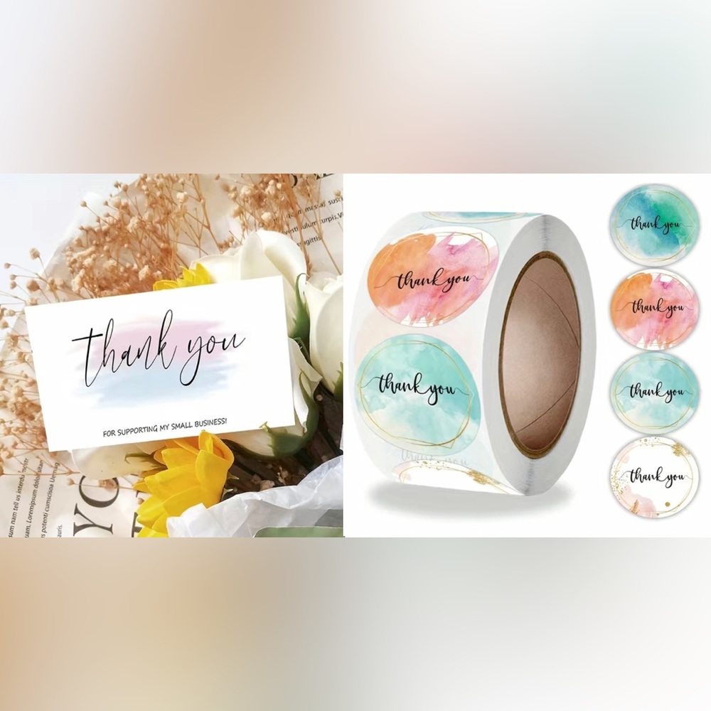 Coordinating thank you stickers (500) and cards (100).